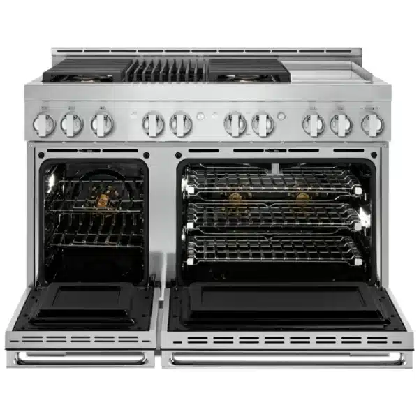 Cuisinière professionnelle JennAir – 48″, Gaz & Électrique, 6 brûleurs + plaque, Double four - JGRP748HM – Image 2