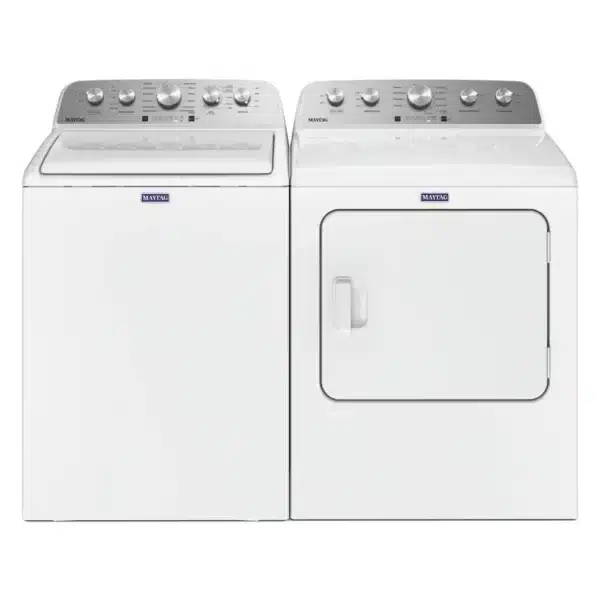 Ensemble laveuse sécheuse Maytag 27″ chargement par le haut 5,2 pi³ & électrique 7,0 pi³ blanc – MVW5035MW & YMED5030MW