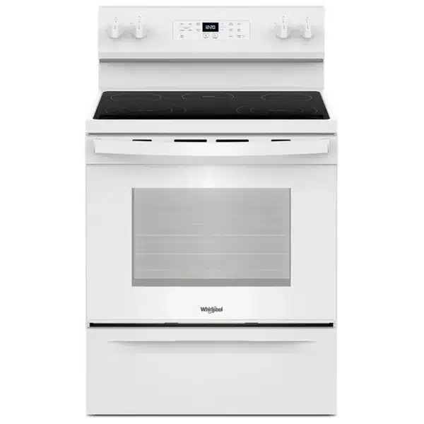 Cuisinière électrique Whirlpool 30″  5,3 pi³ blanche, 5 brûleurs & tiroir de rangement – YWFES3330RW0