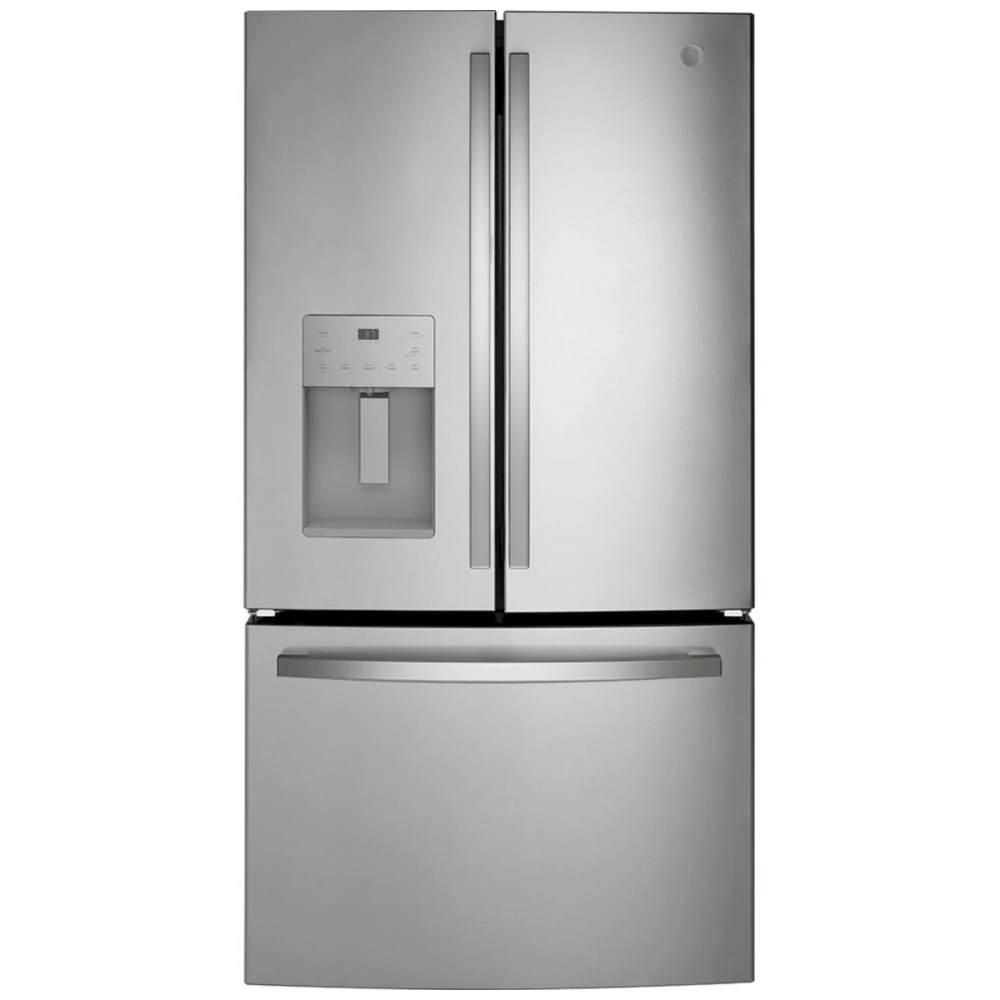 GE Counter-Depth Refrigerator – 36", 20.6 cu. ft., French Door, External Water & Ice Dispenser, Stainless Steel – GYE21JYMFS